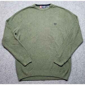 Chaps Pullover Sweater Mens M Green Crew Neck Crochet Long Sleeve Cotton